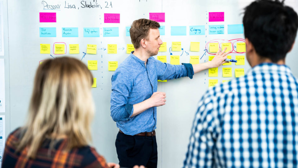 Trainer und Teilnehmer*innen lernen gemeinsam Produktmanagement Methoden mittels praktischer Übungen, z.B. User Story Mapping oder Strategy Canvases